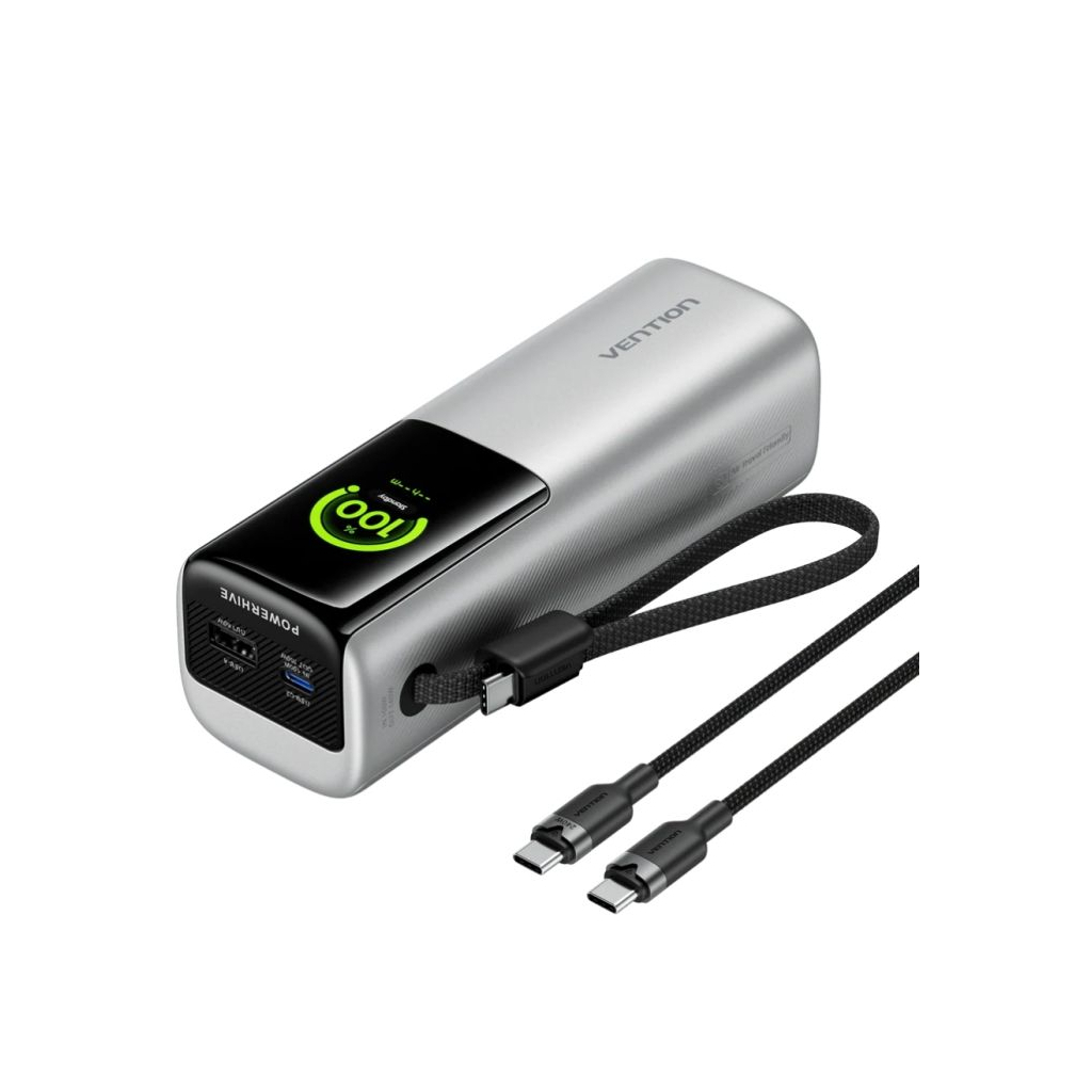 Батарея універсальна Vention 27000mAh 200W PD/3.1, with Built-in USB-C Cable, TFT Display, Silver (FKGI0)