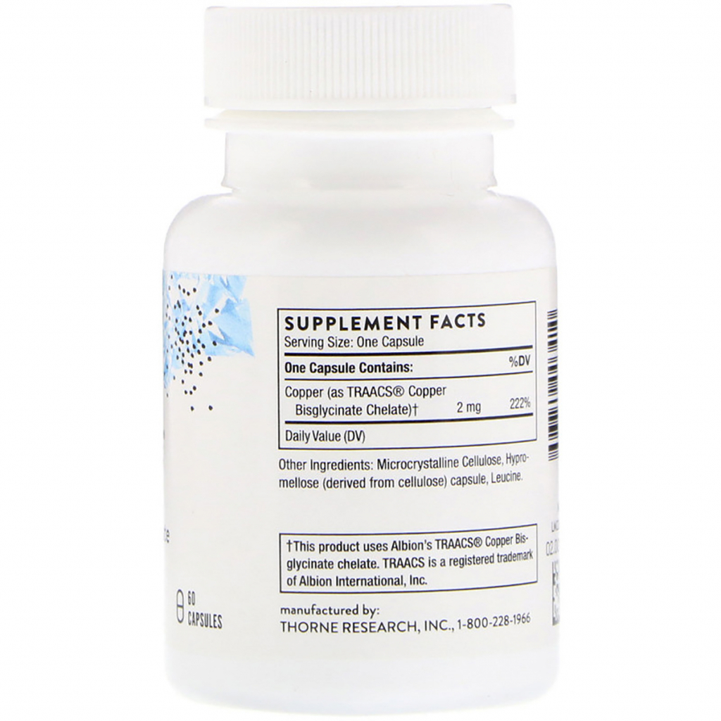 Мінерали Thorne Research Мідь (Бісгліцінат), Copper Bisglycinate, 60 капсул (THR-00341)