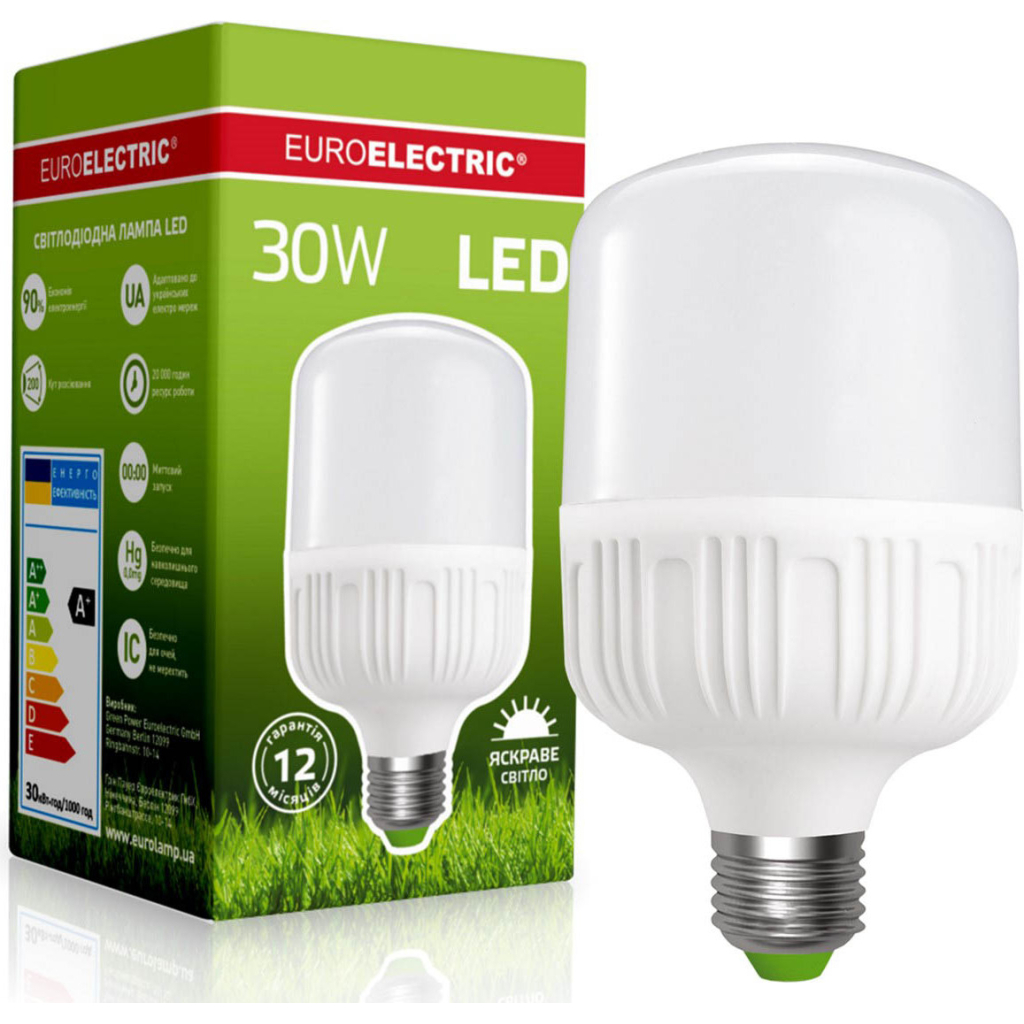 Лампочка EUROELECTRIC Plastic 30W E27 4000K 220V (LED-HP-30274(P))