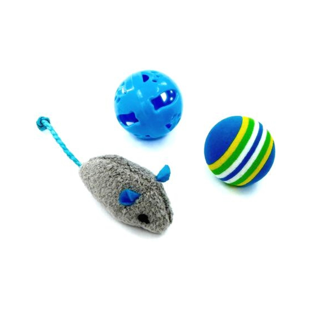 Іграшка для котів Hippie Pet Мишка та два м'ячика, сірий і синій (HIPSET2303005)