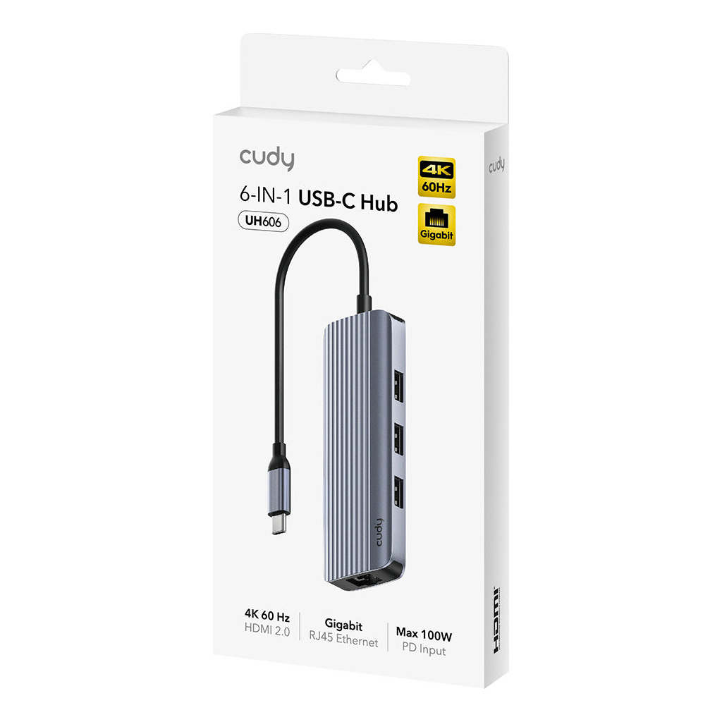 Концентратор Cudy USB-C 6-in-1 1xHDMI 4K + 1xUSB-C + 1xUSB 3.0 5Gbps + 2xUSB 2.0 (UH606) Концентратор Cudy USB-C 6-in-1 1xHDMI 4K + 1xUSB-C + 1xUSB 3.0 5Gbps + 2xUSB 2.0 (UH606)