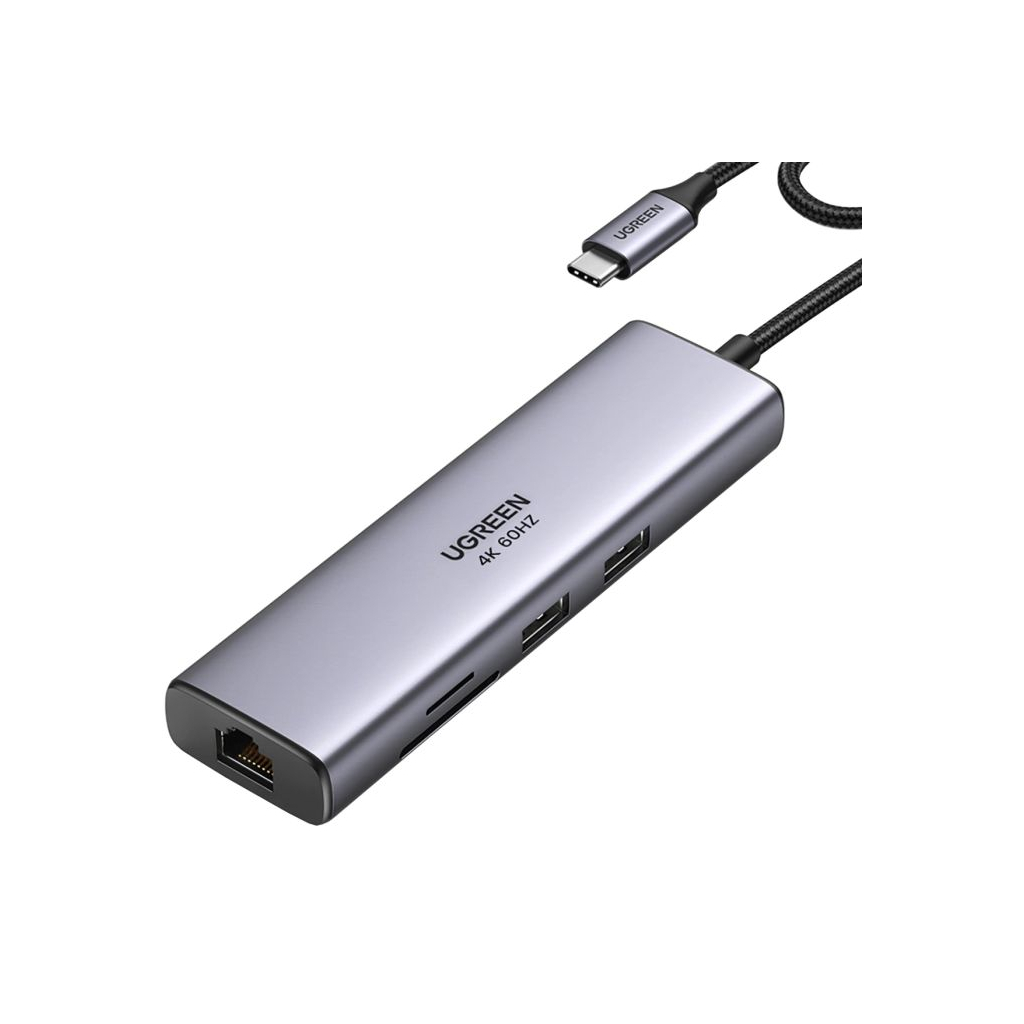 Концентратор Ugreen USB-C 7-in-1 2xUSB 3.0 + HDMI 4K60Hz + RJ45 + SD/TF + PD 100W gray (90568)