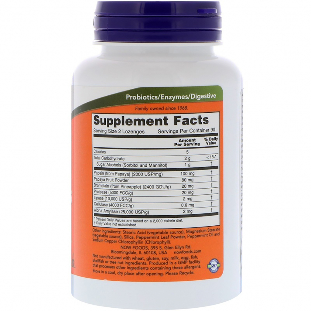 Трави Now Foods Травні Ферменти Папаї, Papaya Enzymes, 180 таблеток д (NOW-02970)