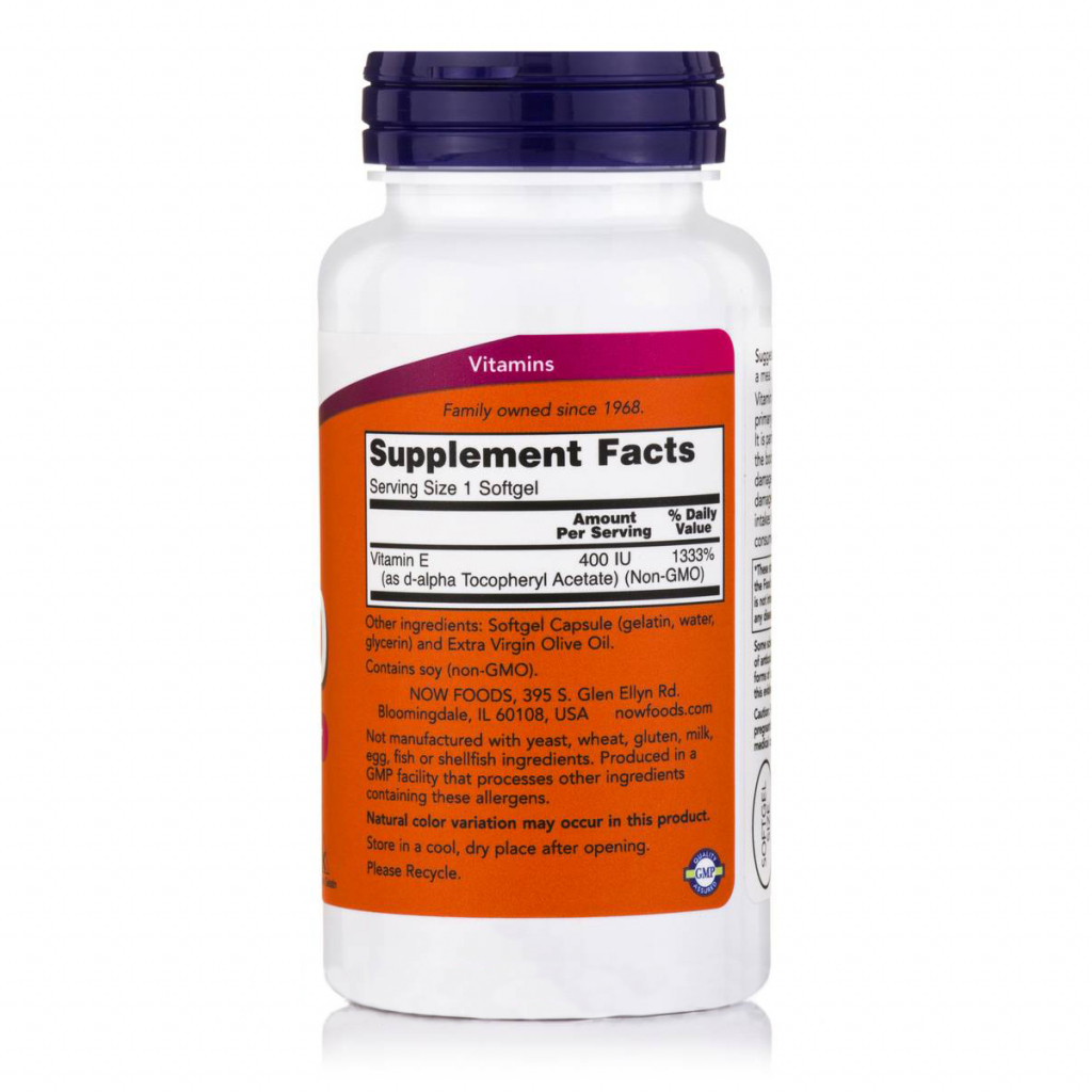 Вітамін Now Foods Вітамін Е, Е-400, 100 желатинових капсул (NF0837)