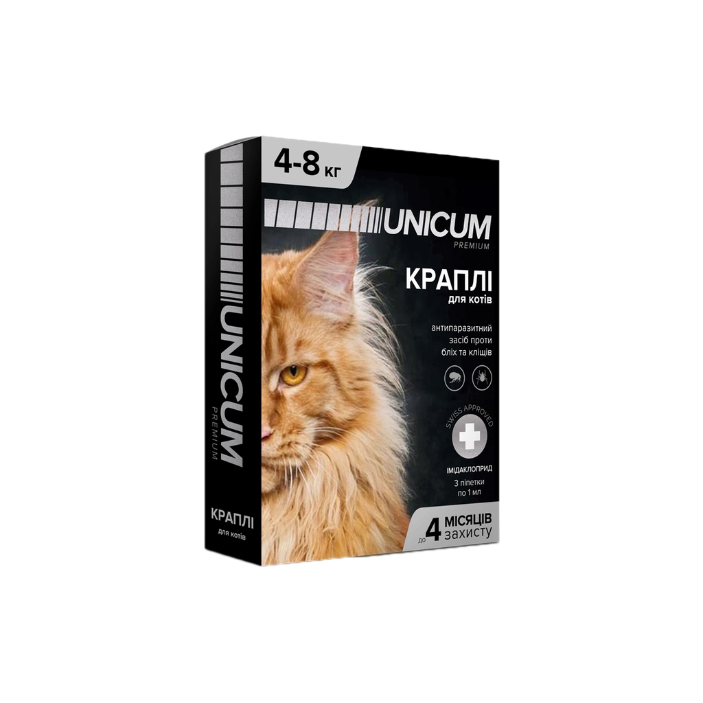 Краплі для тварин Unicum Premium від бліх та кліщів на холку для котів масою 4-8 кг/3 шт (4820150201777)