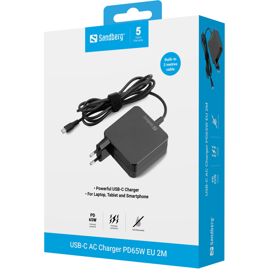 Зарядний пристрій Sandberg USB-C 65W GaN built-in cable USB-C 2.0m black (135-79)