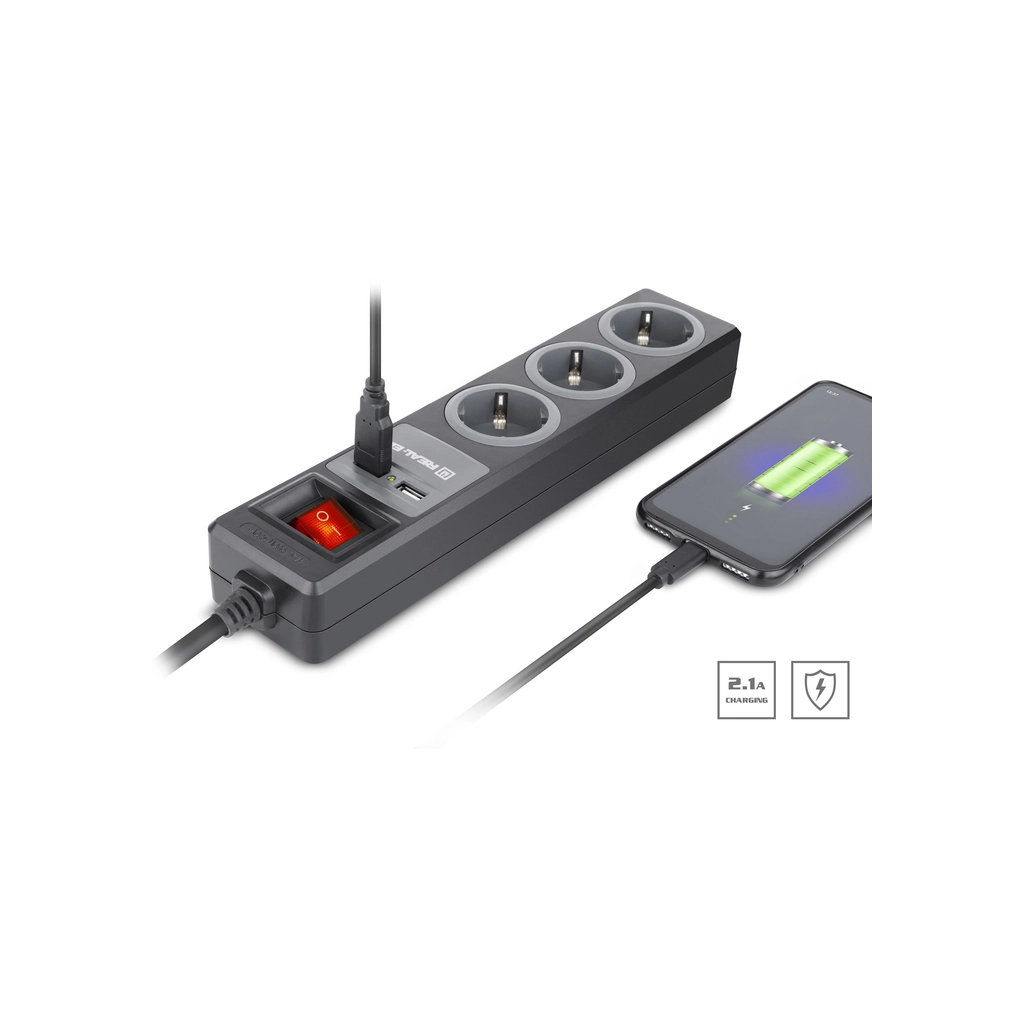 Мережевий подовжувач REAL-EL RS-3 USB CHARGE 1.8m, black (EL122500001)