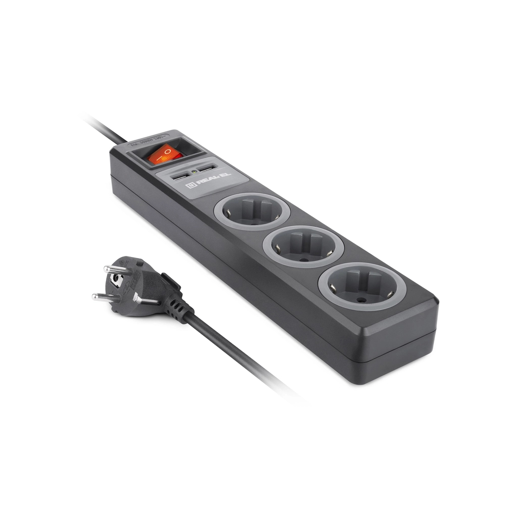 Мережевий подовжувач REAL-EL RS-3 USB CHARGE 1.8m, black (EL122500001)