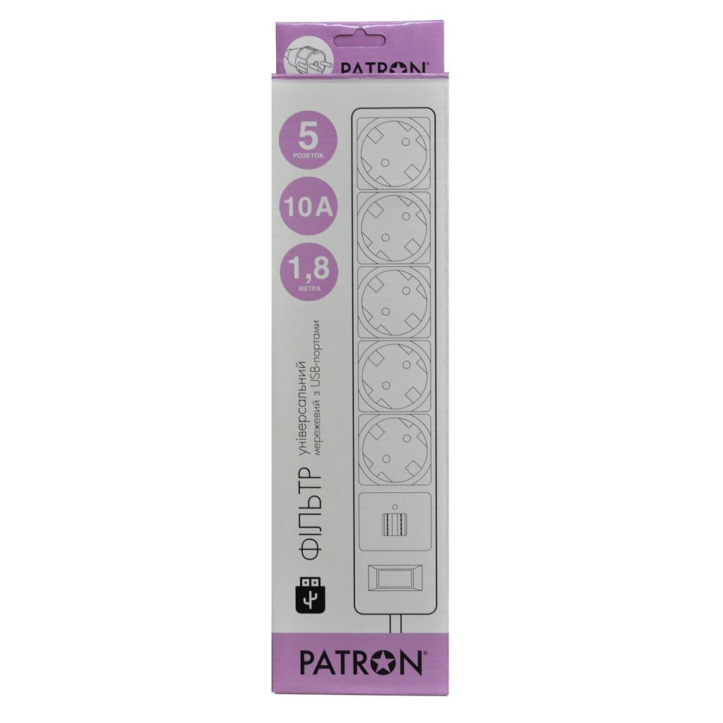 Мережевий фільтр живлення Patron 1.8m (SP-52) + 2 USB 2.0, 2.1A , 5 роз. BLACK (EXT-PN-SP-52-USB) Мережевий фільтр живлення Patron 1.8m (SP-52) + 2 USB 2.0, 2.1A , 5 роз. BLACK (EXT-PN-SP-52-USB)