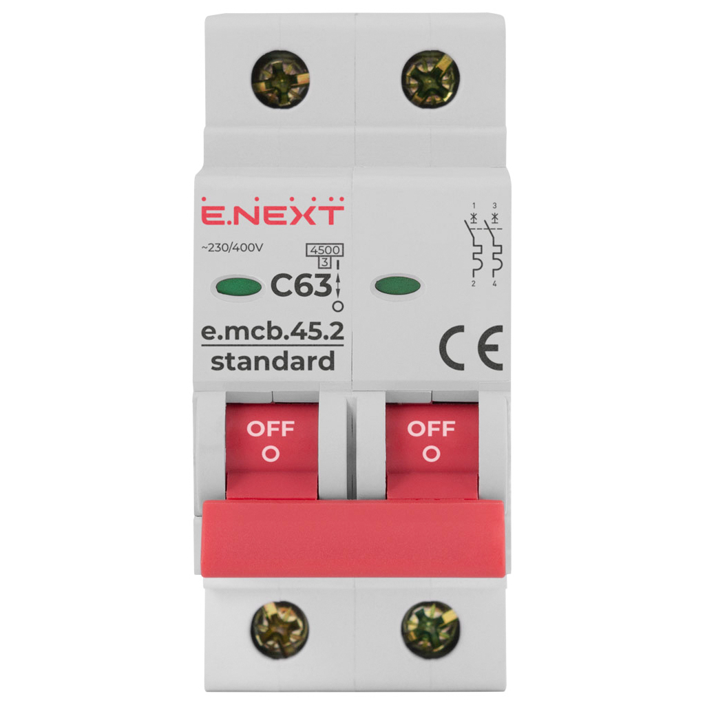 Автоматичний вимикач E.NEXT 2-п e.mcb.stand. 63А C ( 4,5кА) (s002023)