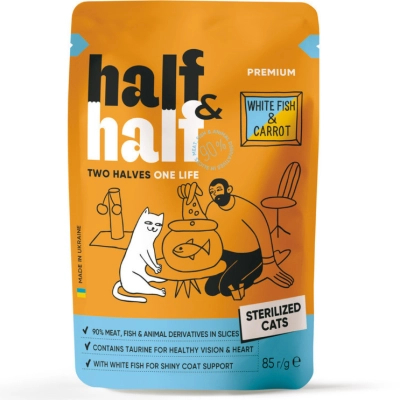 Вологий корм для кішок Half&Half для стерилізованих з білою рибою та морквою в соусі 85 г (4820261921908)