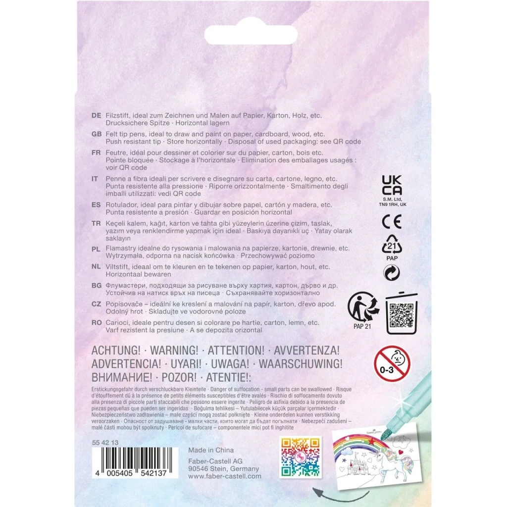 Фломастери Faber-Castell Єдиноріг 10 кольорів + 3 пастельних металика + наклейки у картонній коробці (32632)