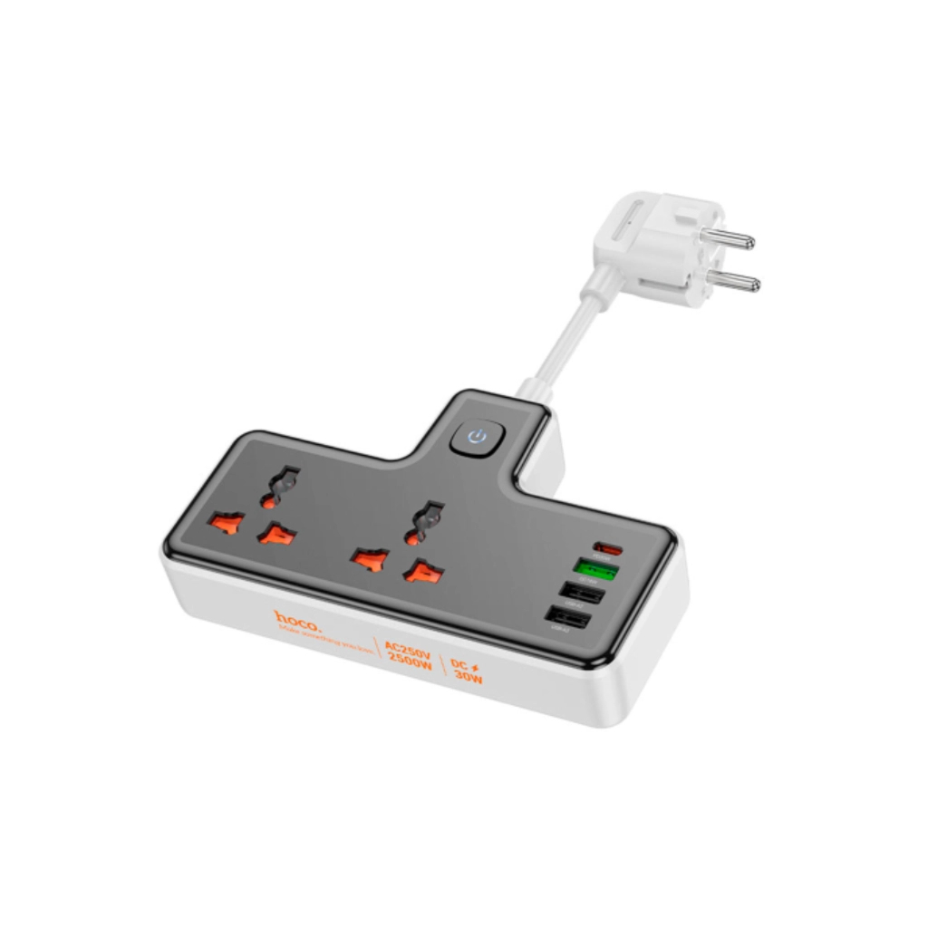 Мережевий фільтр живлення HOCO AC12A, 2 роз, 3 USB. USB-C, 30W, 1м, Black (AC12AB)