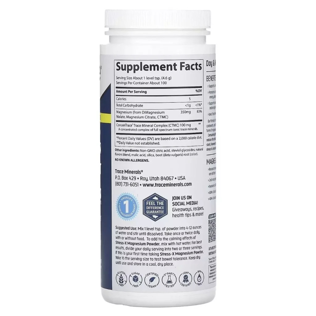 Мінерали Trace Minerals Магній, смак малина-лимон, 350 мг, Stress-X, Magnesium Powder, 460 гр (TMR-00350)