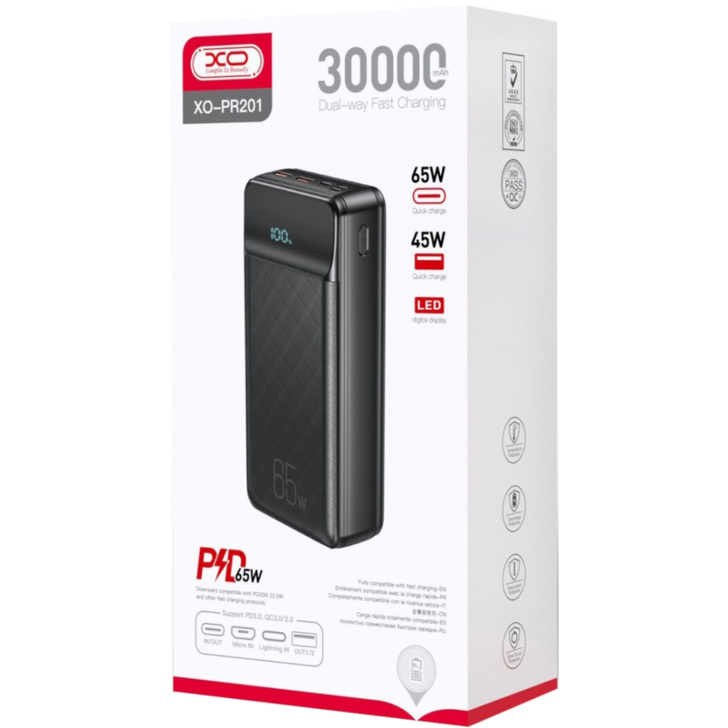 Повербанк XO 30000mAh, PD/65W for laptop, QC/22.5W, black (PR201_Black)