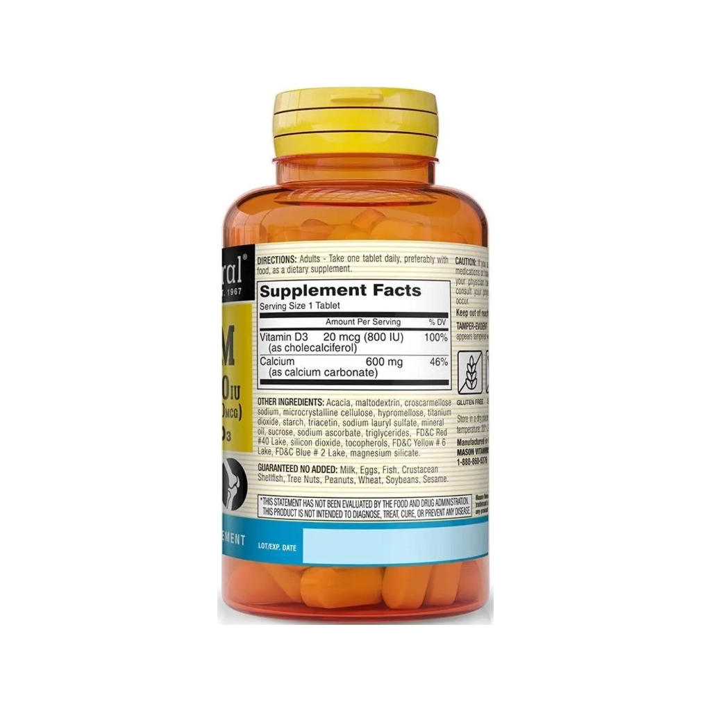 Мінерали Mason Natural Кальцій 600 мг з Вітаміном D3 800 МО, Calcium 600 mg з Vitamin D3 800 IU, 6 (MAV17135)