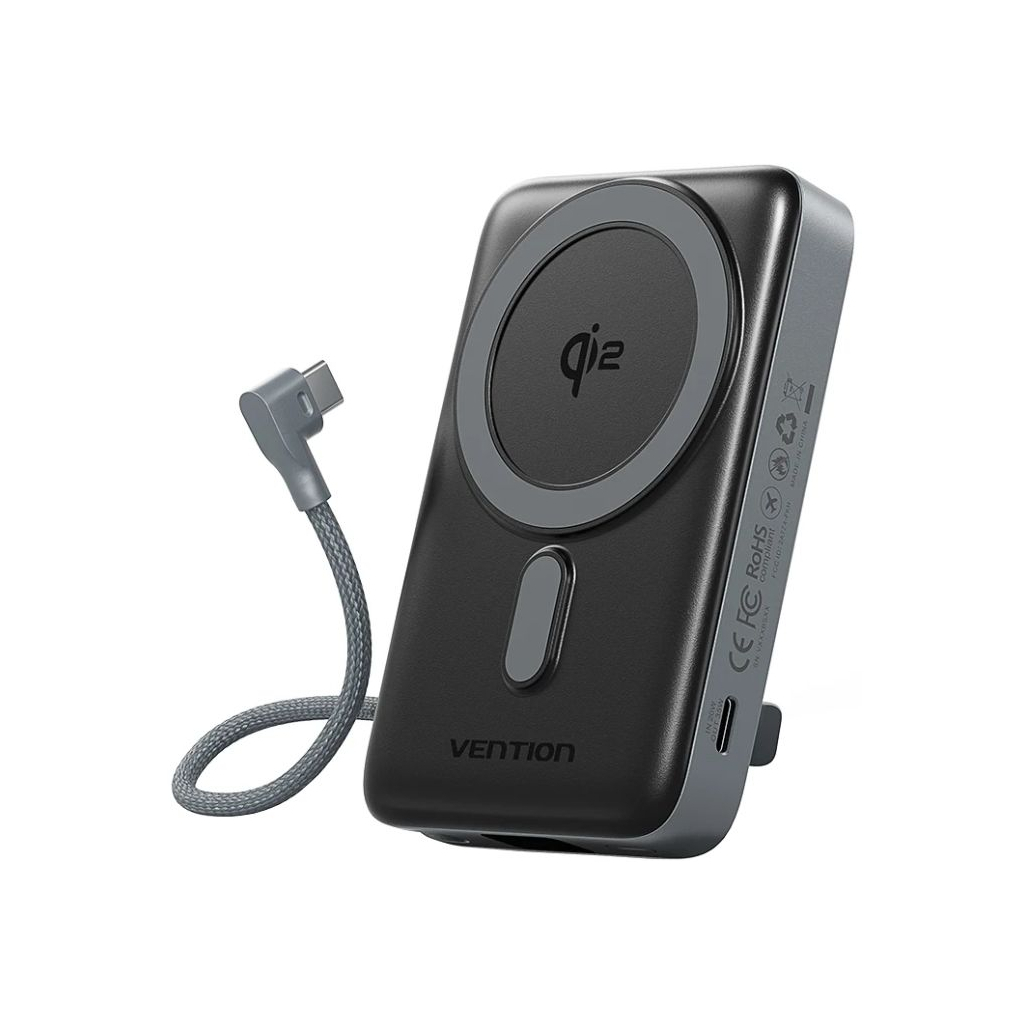 Батарея універсальна Vention 10000mAh Magnetic Wireless 35W PD, with built-in USB-C cable, QI-2 15W Gray (FKHH0)