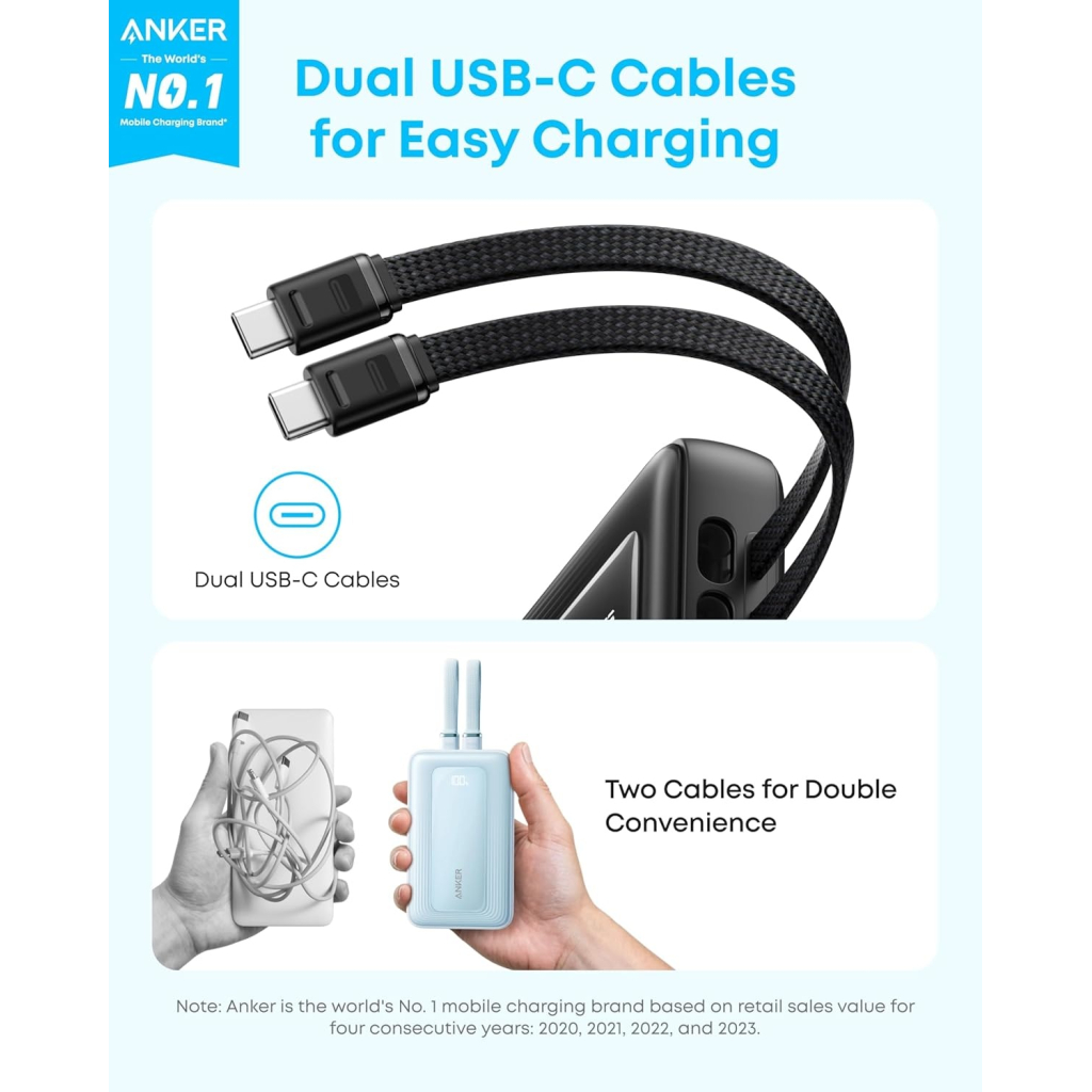 Повербанк Anker 20000mAh 45W Built-In Dual USB-C Cables Black (A1681H12)
