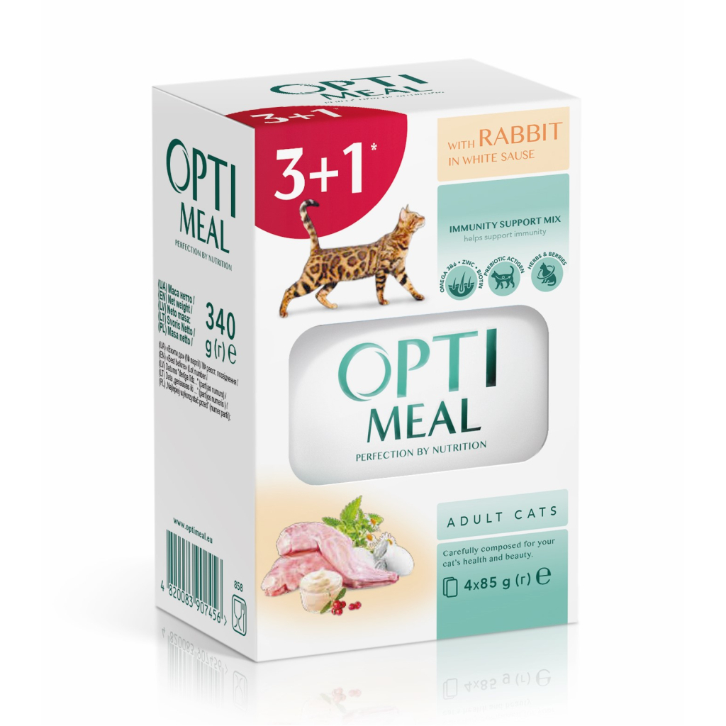 Вологий корм для кішок Optimeal з кроликом в білому соусі 4x85 г (4820083907456)