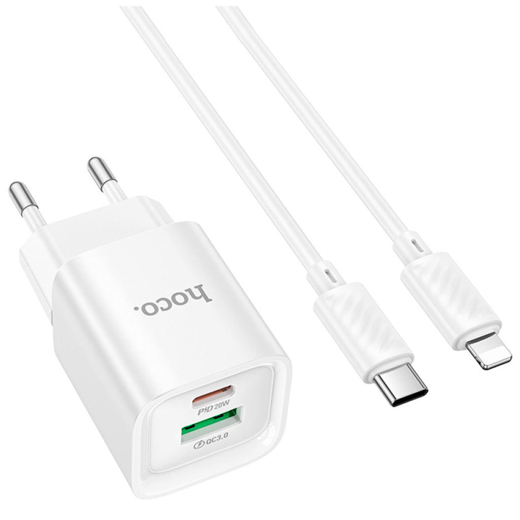 Зарядний пристрій HOCO C147A Charm 1xUSB-C PD20W + 1xUSB QC3.0 + cable USB-C to Lightning White (6942007630283)