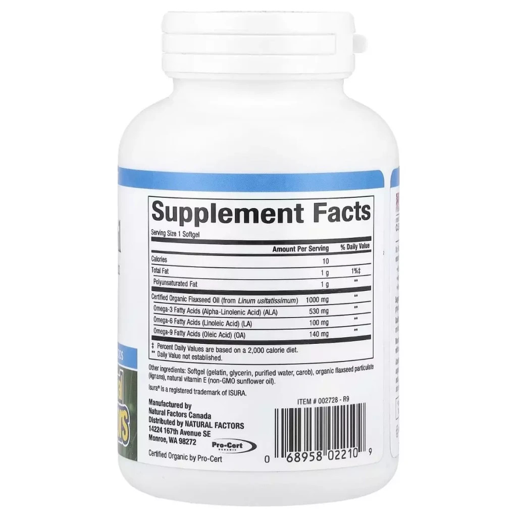 Трави Natural Factors Лляна олія, 1000 мг, OmegaFactors, Flaxseed Oil, 90 гелевих капсул (NFS-02210)