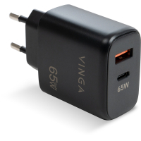 Зарядний пристрій Vinga GaN 65W PD+QC 1C1A ports Wall Charger (VCPCHCA65B)