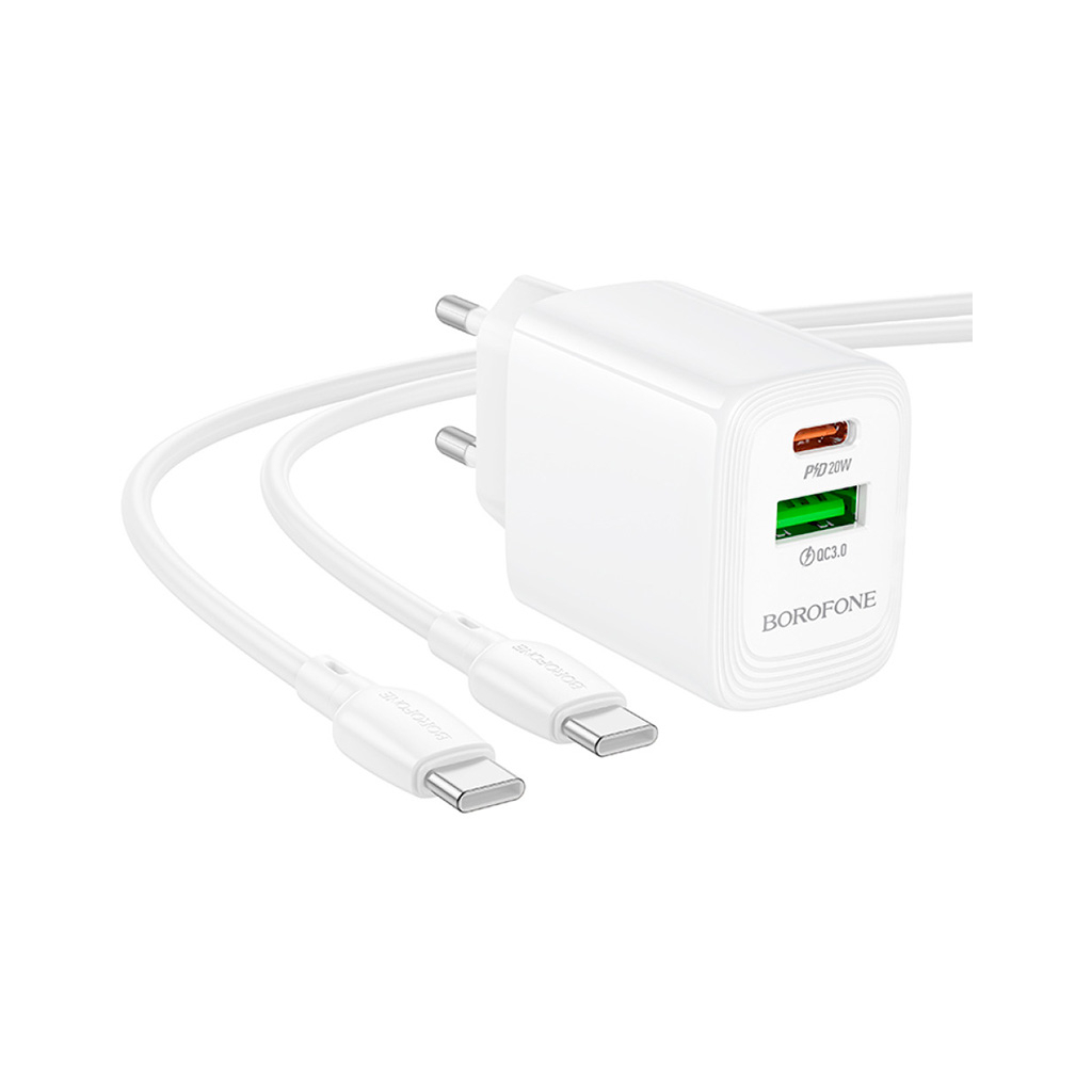 Зарядний пристрій BOROFONE BN27 Fuente 1xUSB-C PD20W + 1xUSB QC3.0 + cable USB-C to USB-C White (6941991120282)