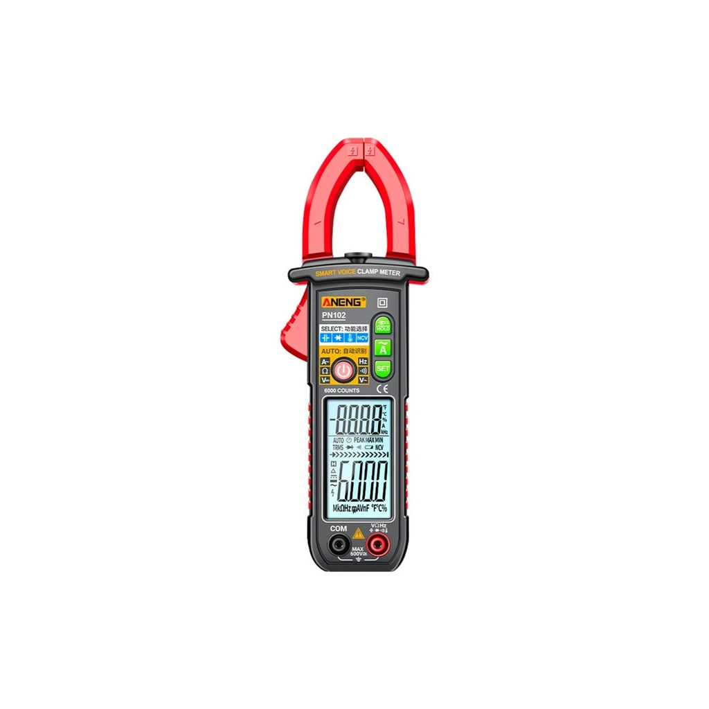 Токові кліщі ANENG PN102 V (AC/DC), A (AC), Ω, C, Hz (NCV). Data Hold, продзвонювання, тест діодів, підсвічування. (PN102)