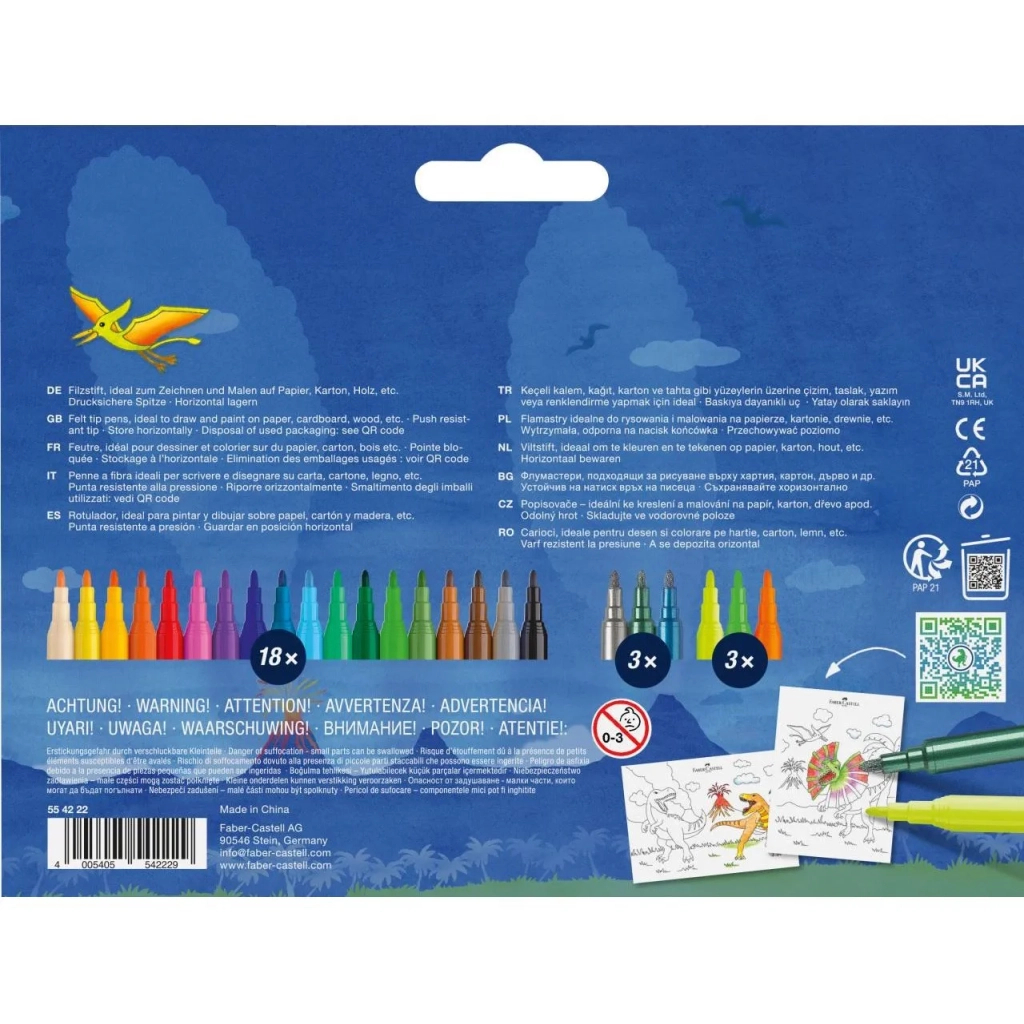 Фломастери Faber-Castell Динозавр 18 кольорів + 3 металика + 3 неонових + наклейки у картонній коробці (32963)