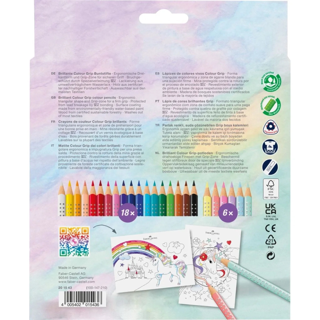 Олівці кольорові Faber-Castell Colour Grip Unicorn, акварельні, 18 кольорів + 6 пастельних (201543) (32324)