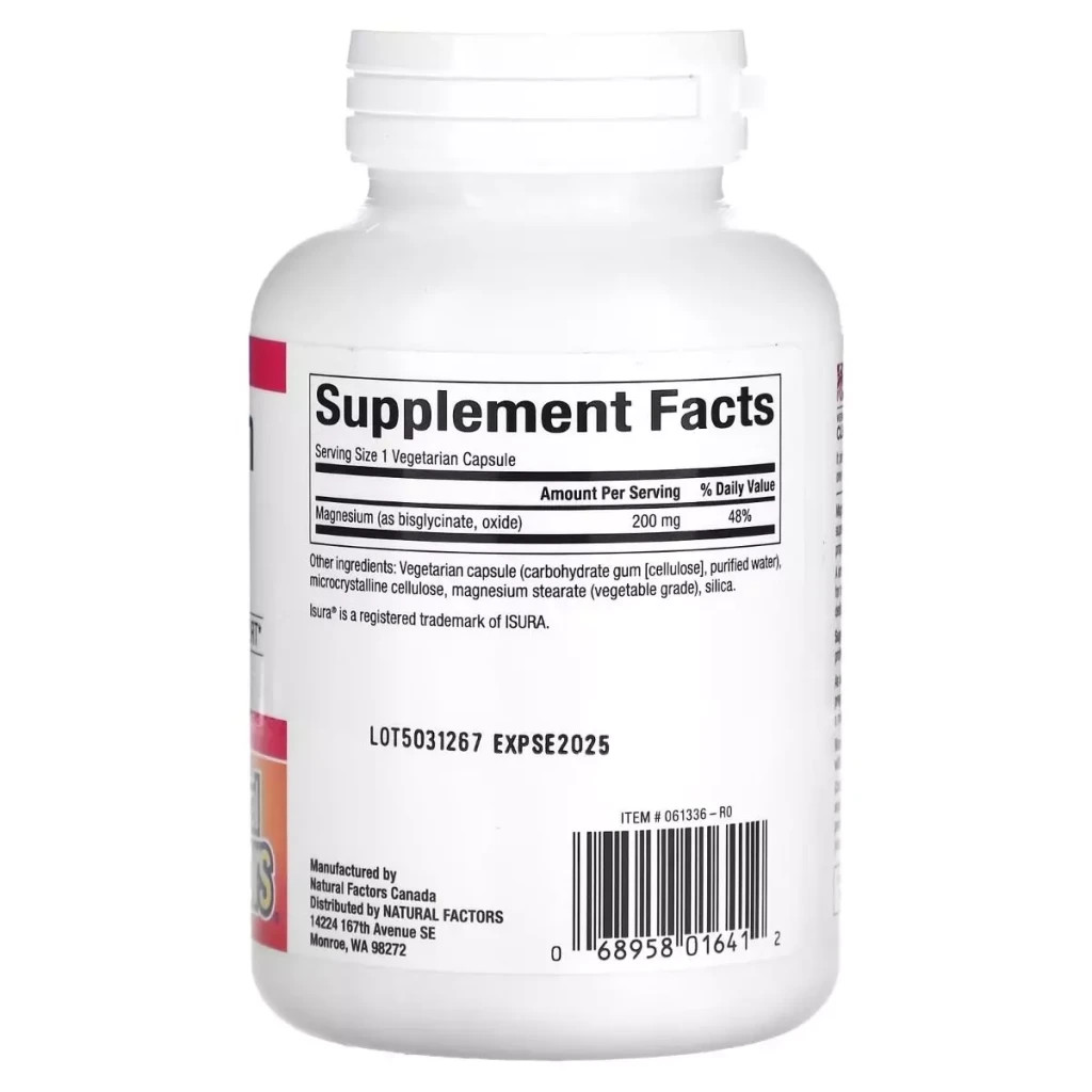 Мінерали Natural Factors Магній Бісгліцинат, 200 мг, Magnesium Bisglycinate, 120 вегетаріанськ (NFS-01641)
