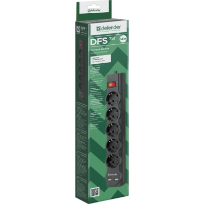 Мережевий фільтр живлення Defender DFS 751, 1.8m, 5роз., 2xUSB (99751)