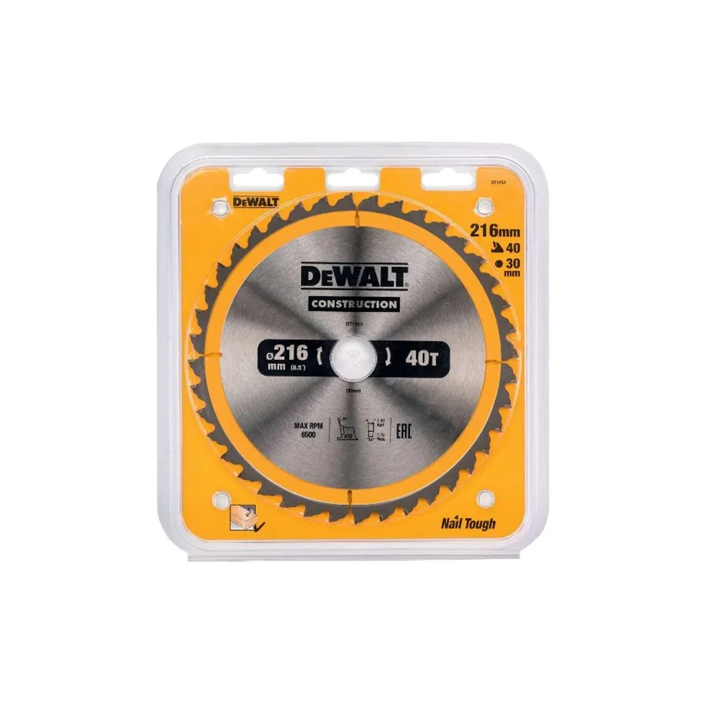 Диск пильний DeWALT СONSTRUCTION , 216 х 30, 40 z, АТВ, -5 градусів, універсальне застосування (DT1953) Диск пильний DeWALT СONSTRUCTION , 216 х 30, 40 z, АТВ, -5 градусів, універсальне застосування (DT1953)