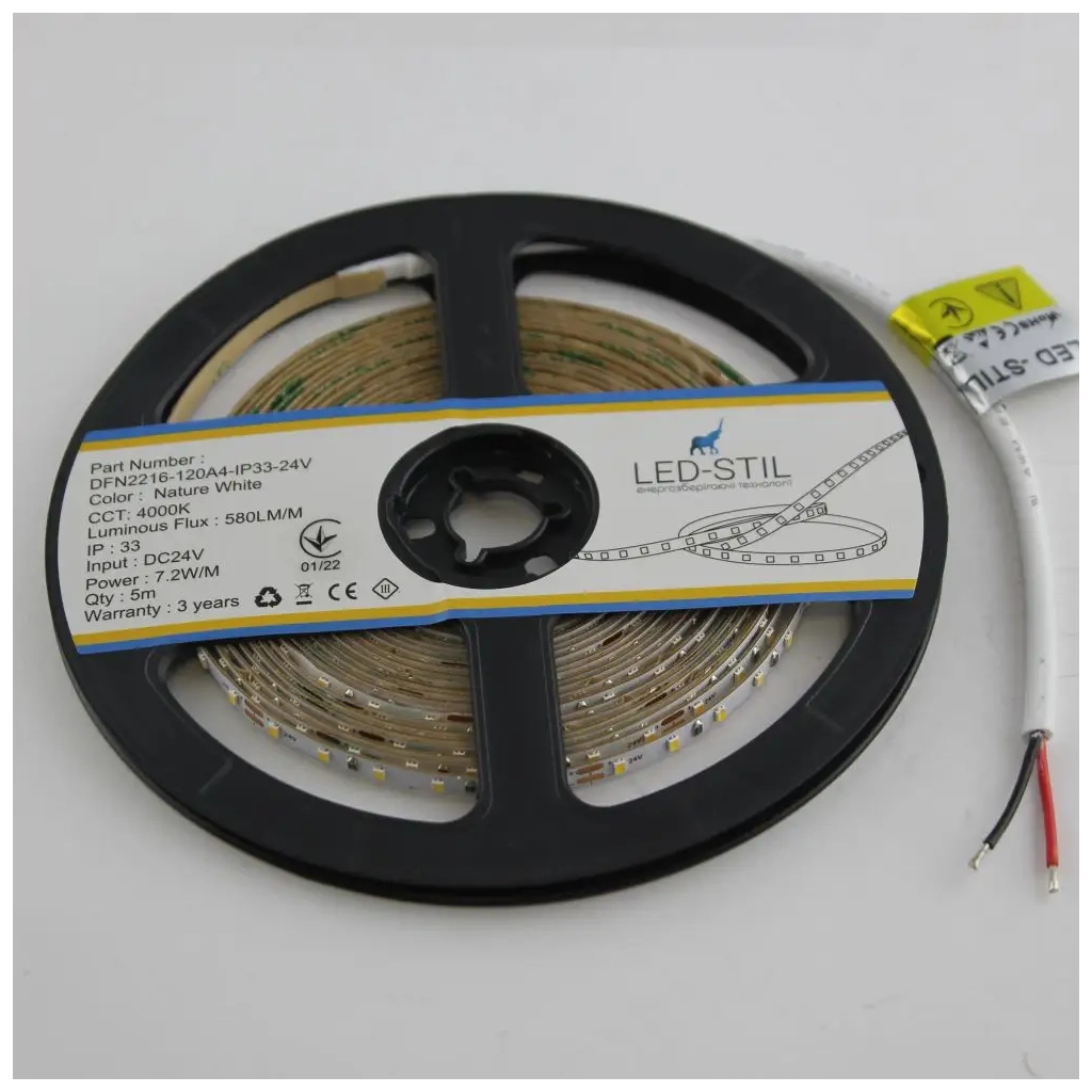 Світлодіодна стрічка LED-STIL 4000K 7,2 Вт/м 2216 120 діодів IP33 24 Вольта 600 lm нейтр. світло, ВУЗЬКА (DFN2216-120A4-IP33-24V)