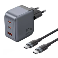 Зарядний пристрій VENTION 2xUSB-C PD70W + 1xUSB QC3.0 22.5W GaN + cable USB-C to USB-C 1.0m black gray (TZ-FEXH0-EU)
