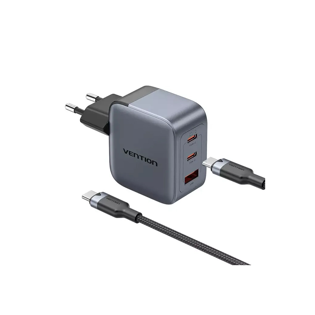 Зарядний пристрій Vention 2xUSB-C PD70W + 1xUSB QC3.0 22.5W GaN + cable USB-C to USB-C 1.0m black gray (TZ-FEXH0-EU)