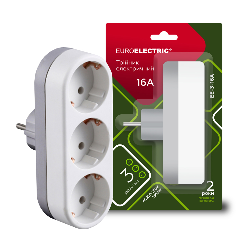 Мережевий розгалужувач EUROELECTRIC X3 16 A White з заземленням (EE-3-16A) Мережевий розгалужувач EUROELECTRIC X3 16 A White з заземленням (EE-3-16A)