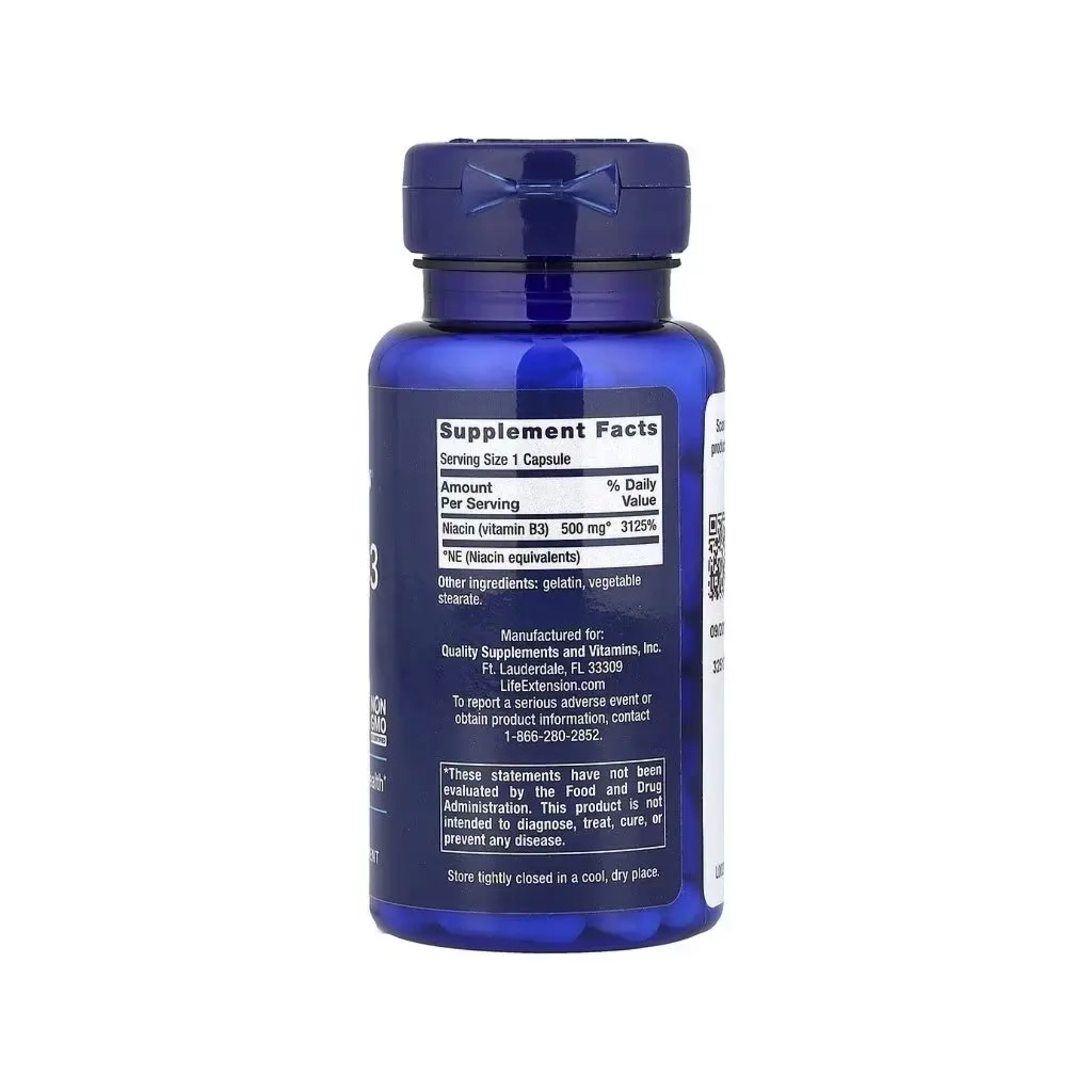 Вітамінно-мінеральний комплекс Life Extension Ніацин, Вітамін B3, 500 мг, Vitamin B3 Niacin, 100 капсул (LEX-37210)