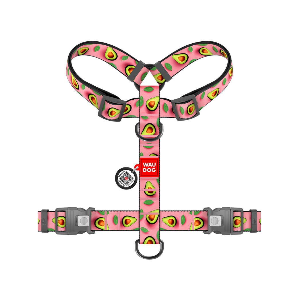 Шлея для собак WAUDOG Nylon анатомічна H-подібна з QR-паспортом "Авокадо на рожевому" пластиковий фастекс, L (345-4051)