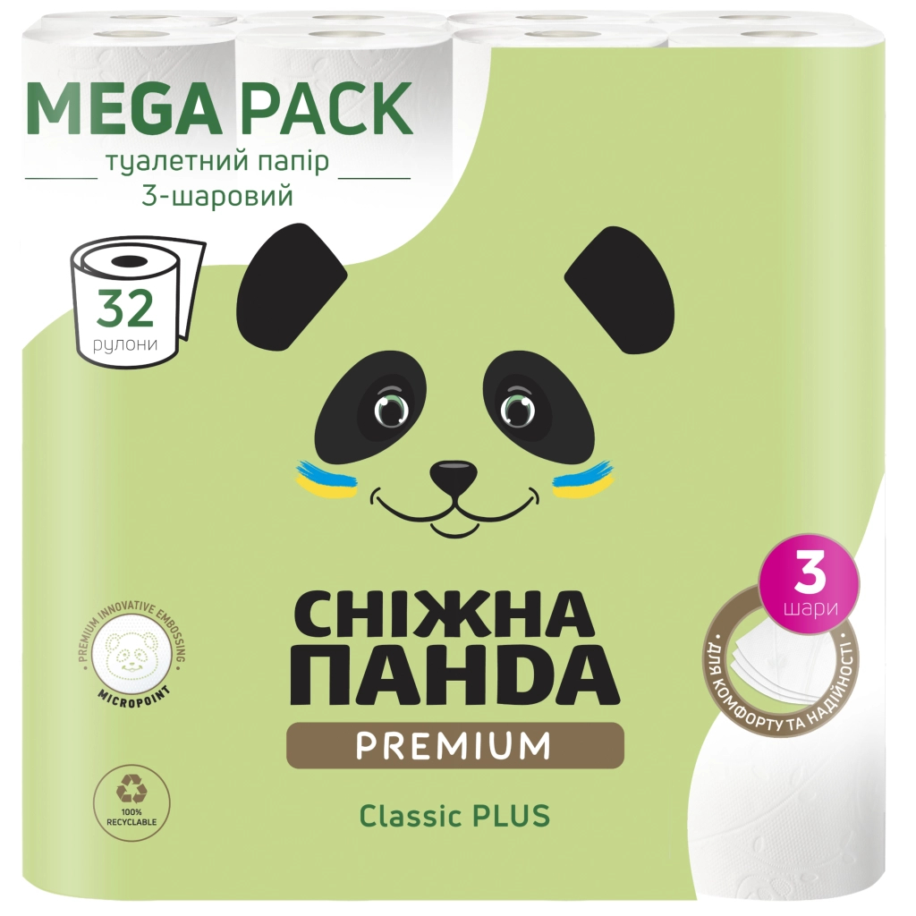 Туалетний папір Сніжна Панда Premium Classic Plus 3 шари 32 рулони (4820183972866)