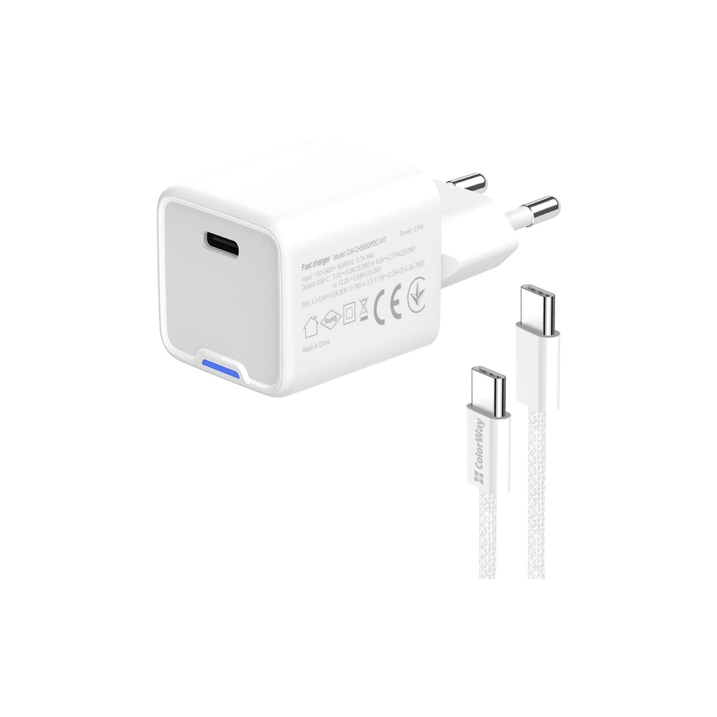 Зарядний пристрій ColorWay GaN Mini 25W PD Port PPS USB-C white cable Type-C (CW-CHS052PDC-WT)