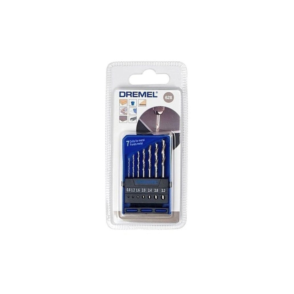 Набір свердл Dremel по металу 628, 7шт., 0.8,1.2,1.6,2.0,2.4,2.8,3.0 мм, HSS (2.615.062.832)