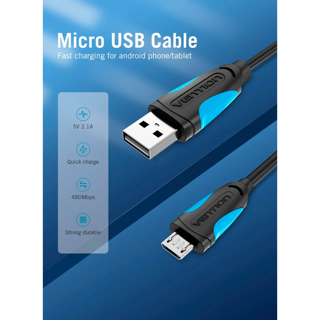 Дата кабель USB 2.0 AM to Micro 5P 0.5m Black Vention (VAS-A08-B050)