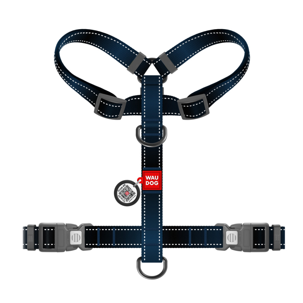 Шлея для собак WAUDOG Nylon Mono анатомічна H-подібна з QR паспортом, пластиковий фастекс, S чорна (54561)