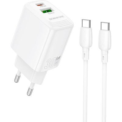 Зарядний пристрій BOROFONE BN29 Fuente 1xUSB-C PD30W + 1xUSB QC3.0 + cable USB-C to USB-C White (6941991120343)
