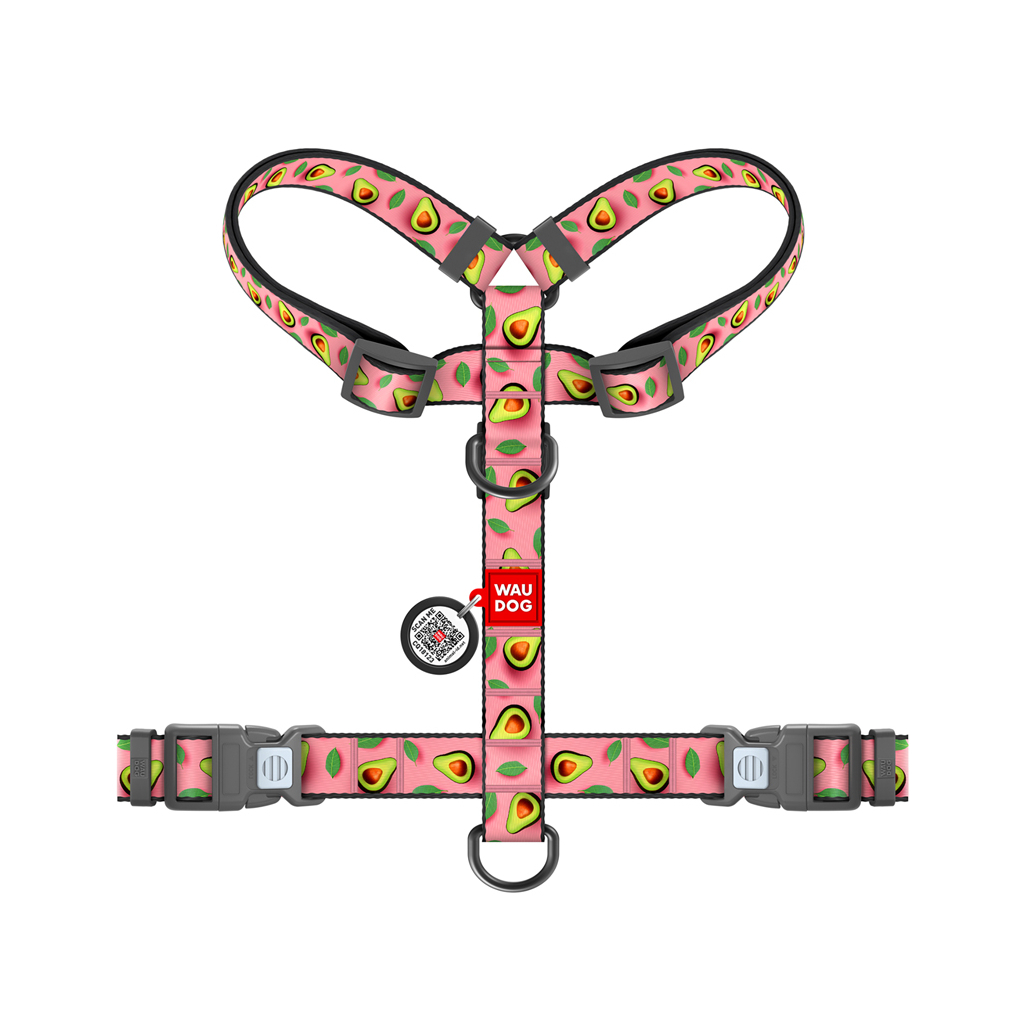 Шлея для собак WAUDOG H-подібна анатомічна Nylon з QR адресником "Авокадо на рожевому" пластиковий фастекс М (344-4051)