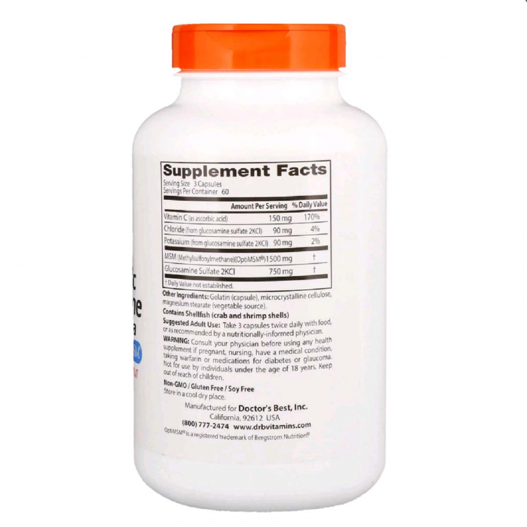 Вітамінно-мінеральний комплекс Doctor's Best Синергічний Глюкозамін МСМ-Формула, OptiMSM, 180 капсул (DRB-00070)