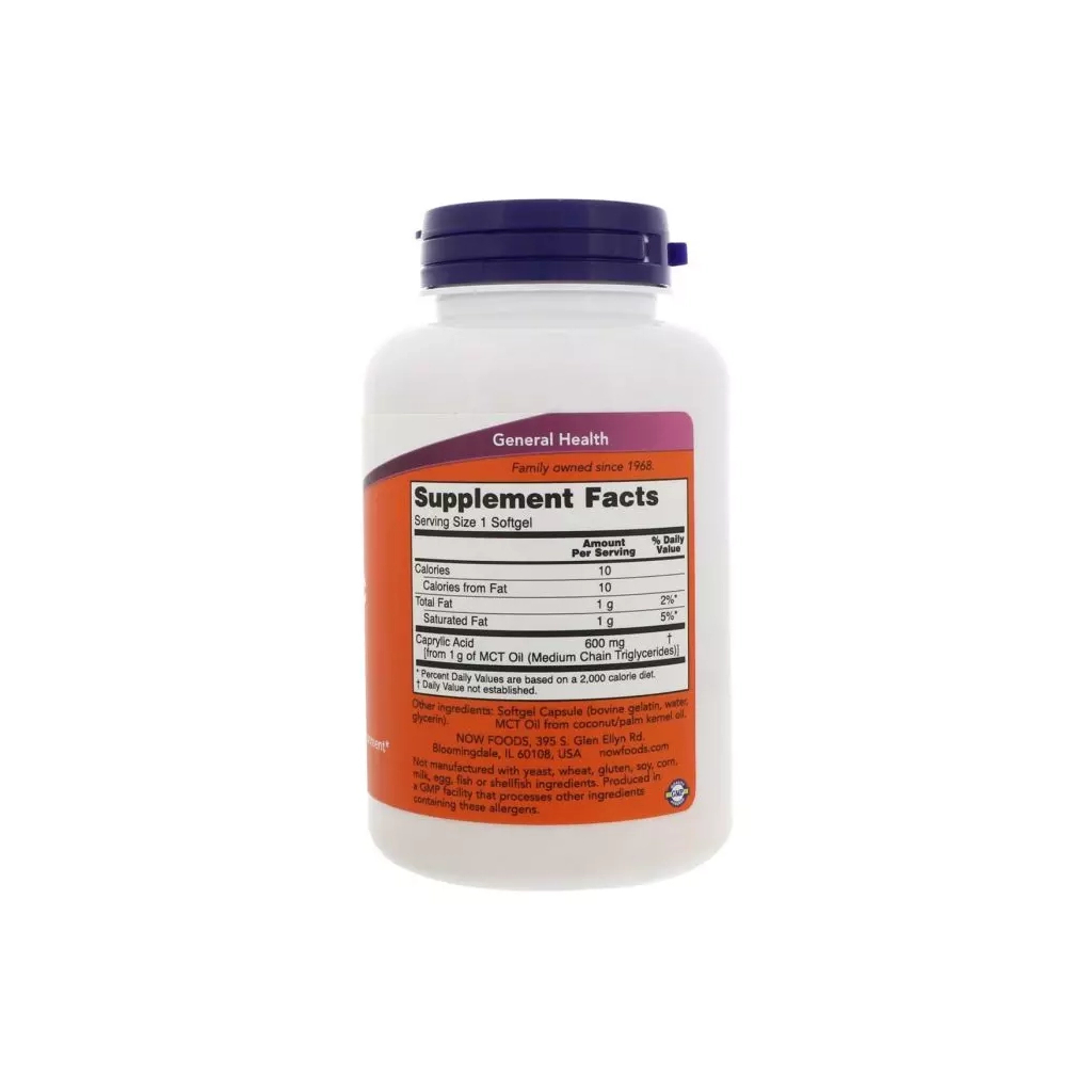 Жирні кислоти Now Foods Каприлова Кислота 600 мг, Caprylic Acid, 100 желатинових капсу (NOW-03347)