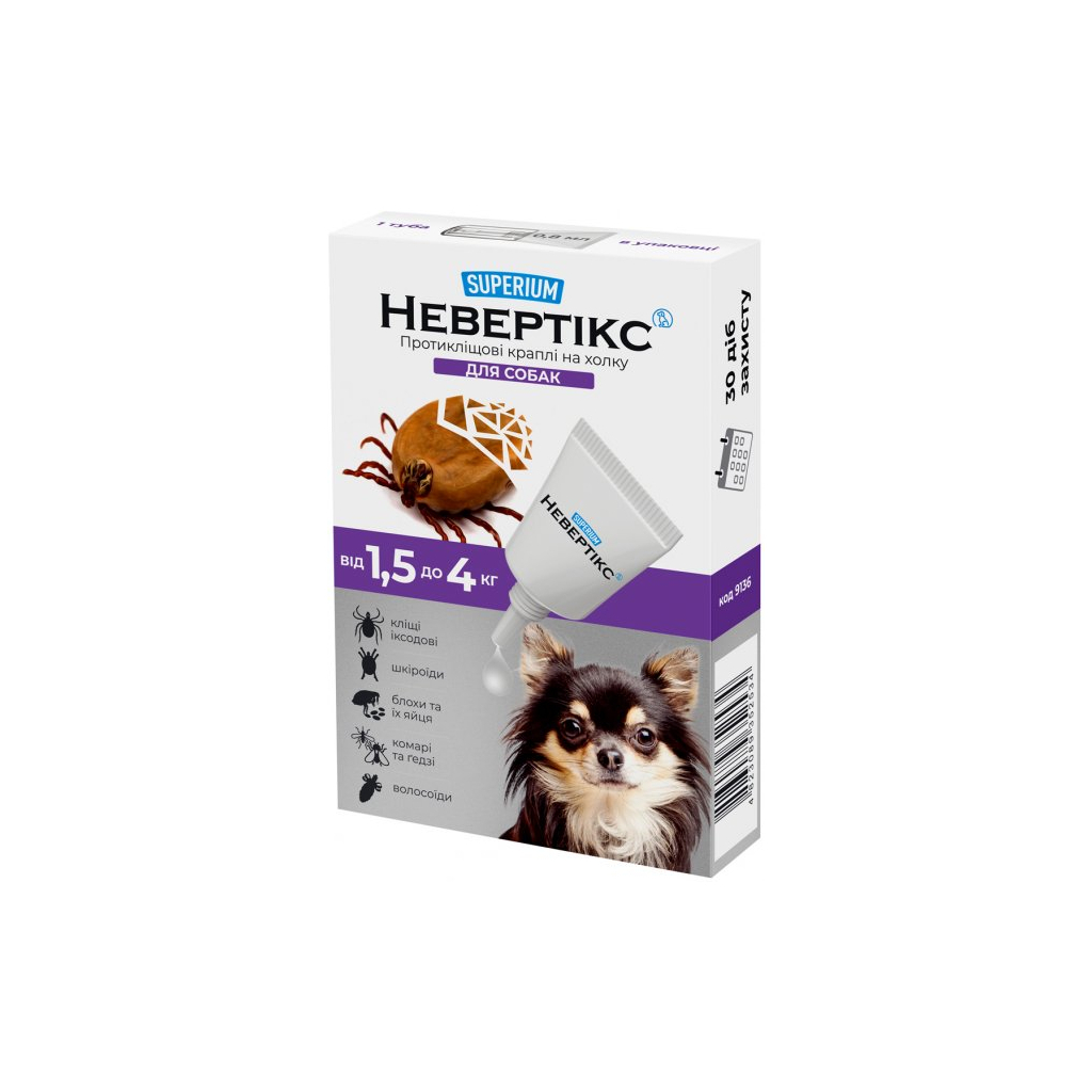 Краплі для тварин Superium Nevertix Протикліщові для собак від 1.5 до 4 кг (9136)