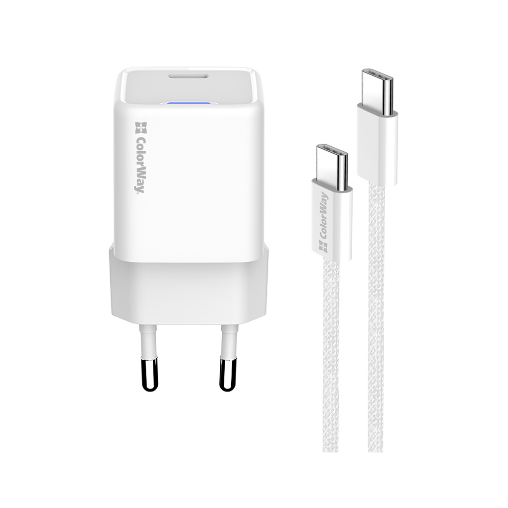 Зарядний пристрій ColorWay GaN Mini 30W PD Port PPS USB (Type-C PD + USB QC4.0) cable Type-C (CW-CHS053PDC-WT)